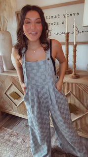 Denim Blue Checkered Wide Leg Jumpsuit