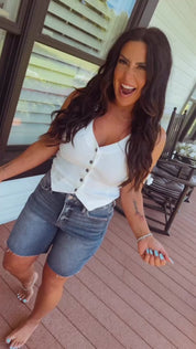 Risen Dark Wash High Rise Tummy Control Raw Hem Shorts