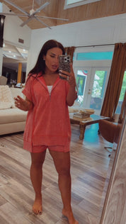 Luxe Pink Loose Fit Acid Wash Quarter Zip Top Stich&CO