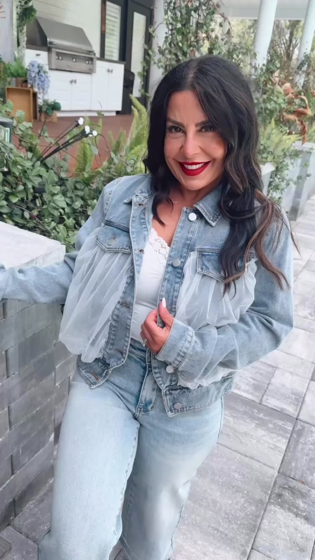 Denim And White Mesh Studded Jacket