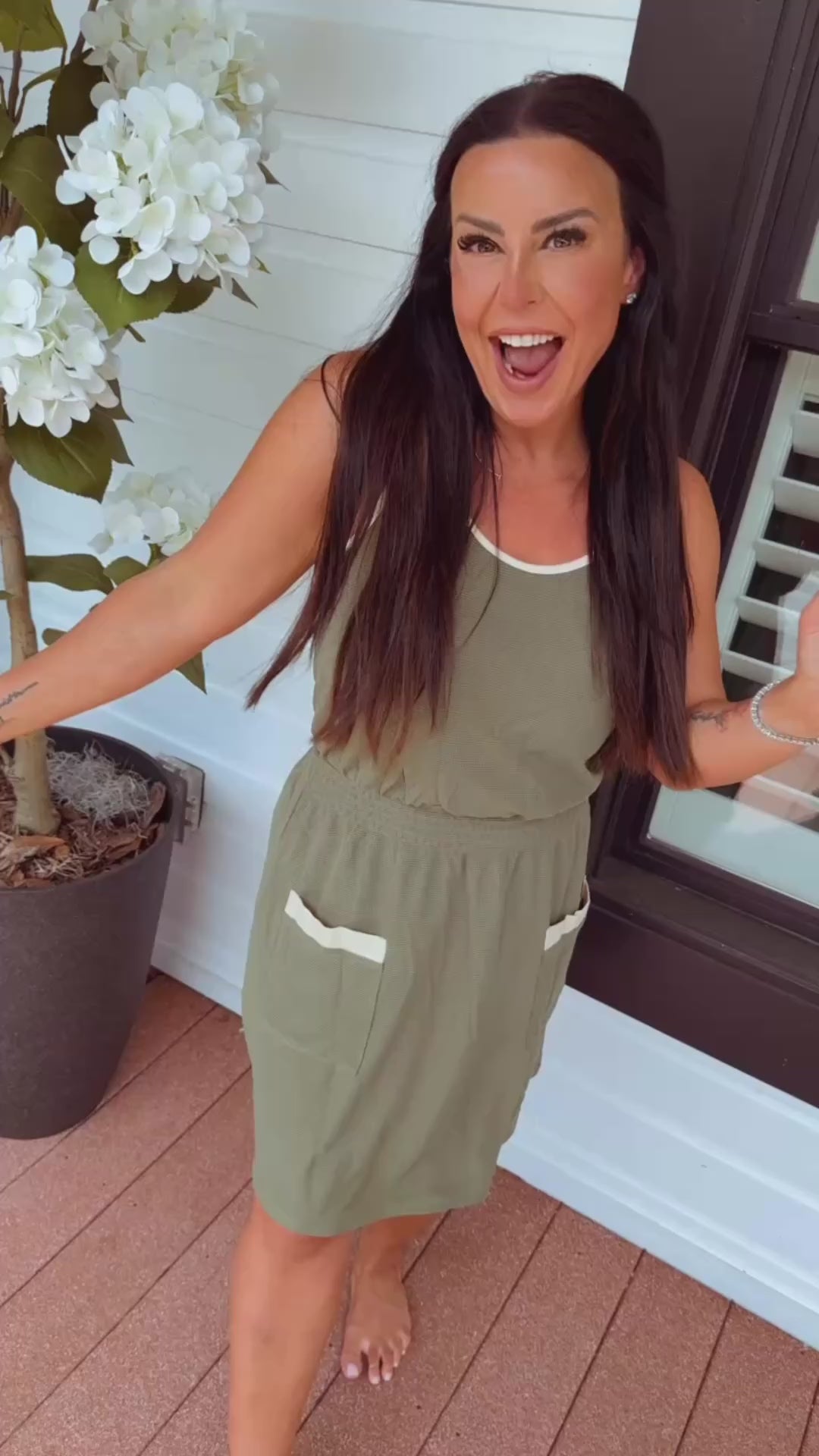 Olive and Cream Waffle Knit Tank Dress With Pockets