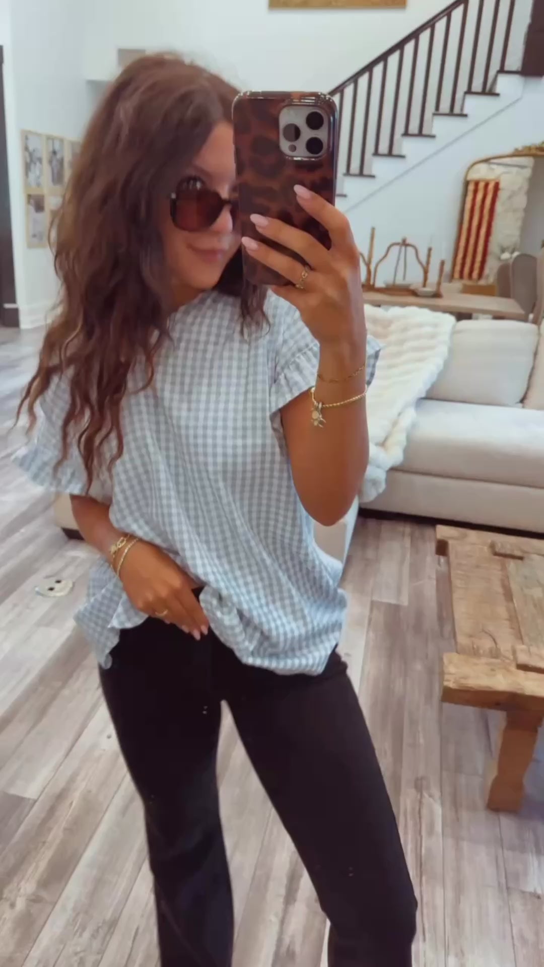 Sage Green  and White Gingham Ultra Soft Ruffle Sleeve Top