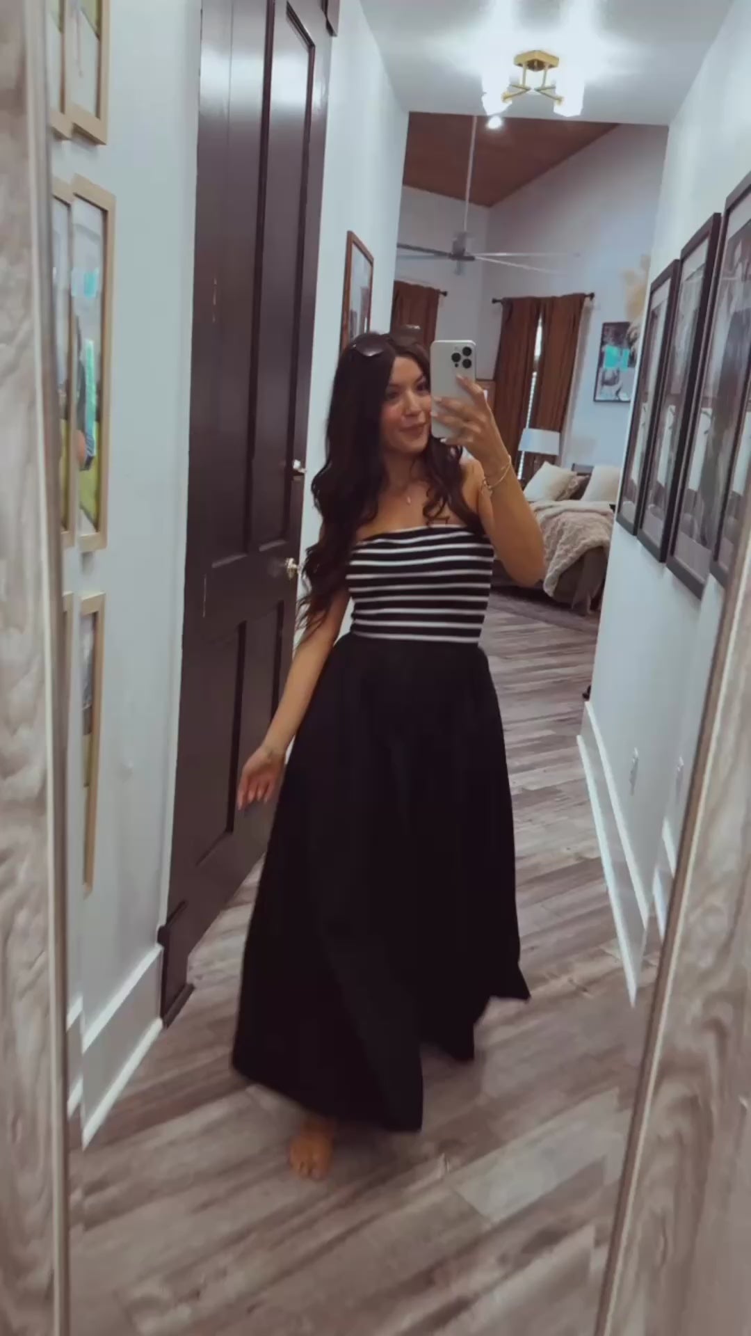 Chic Black and  White Striped Strapless Dress