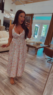 White And Pink Floral Long Flowy Halter Dress