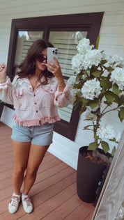 Pol Loose Fit Pink Floral Lace Sleeve Lightweight Jacket
