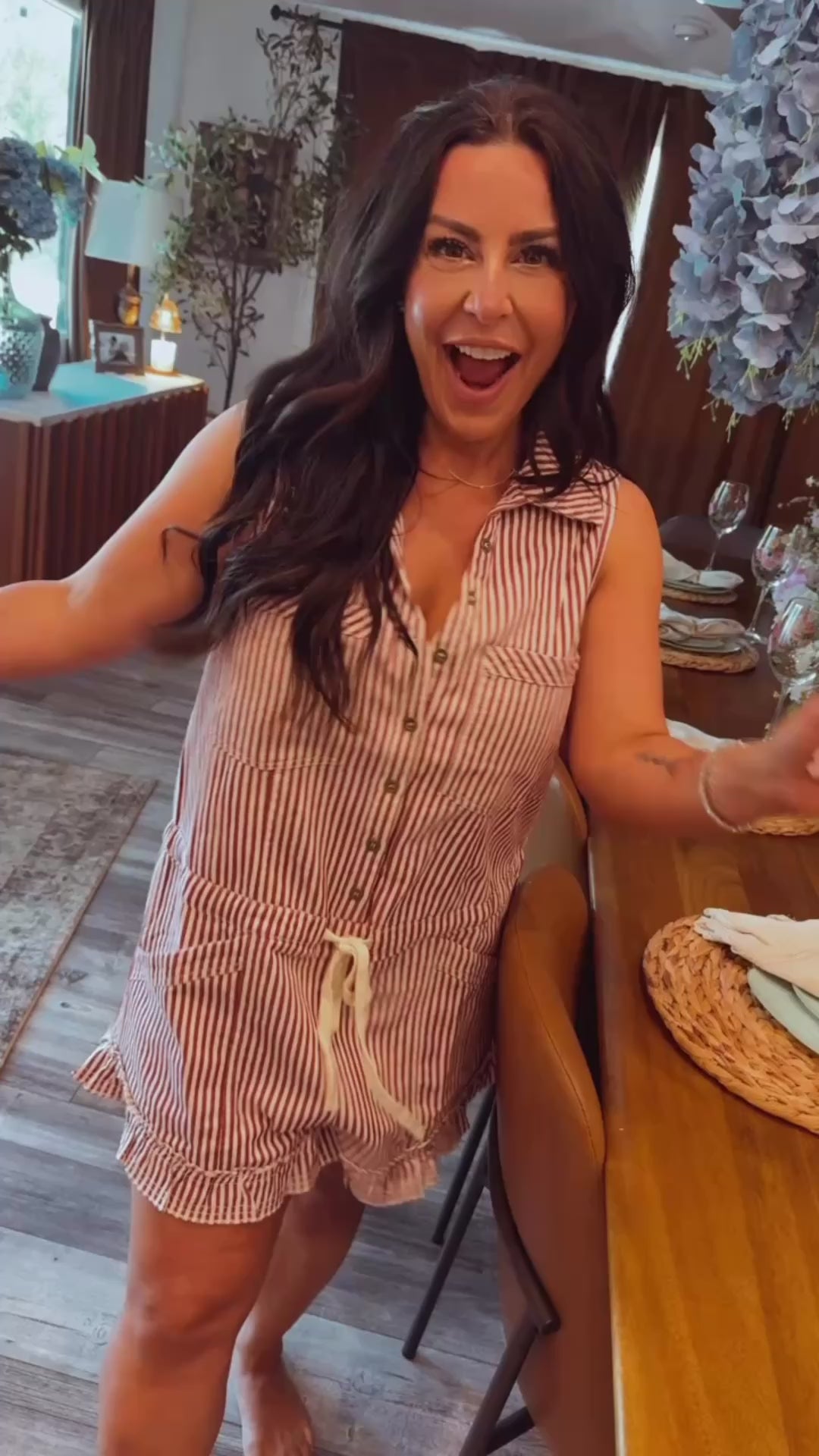 Burgundy And White Striped Denim Romper