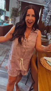 Burgundy And White Striped Denim Romper
