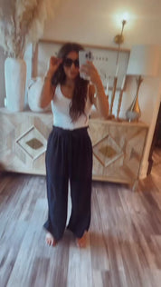 Soft Navy Flowy Pant With Tie Waist