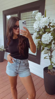 Mica Denim Candy Blue High Rise Rolled Hem Shorts