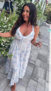 Chic Blue and White Floral Lace Detail Halter Dress
