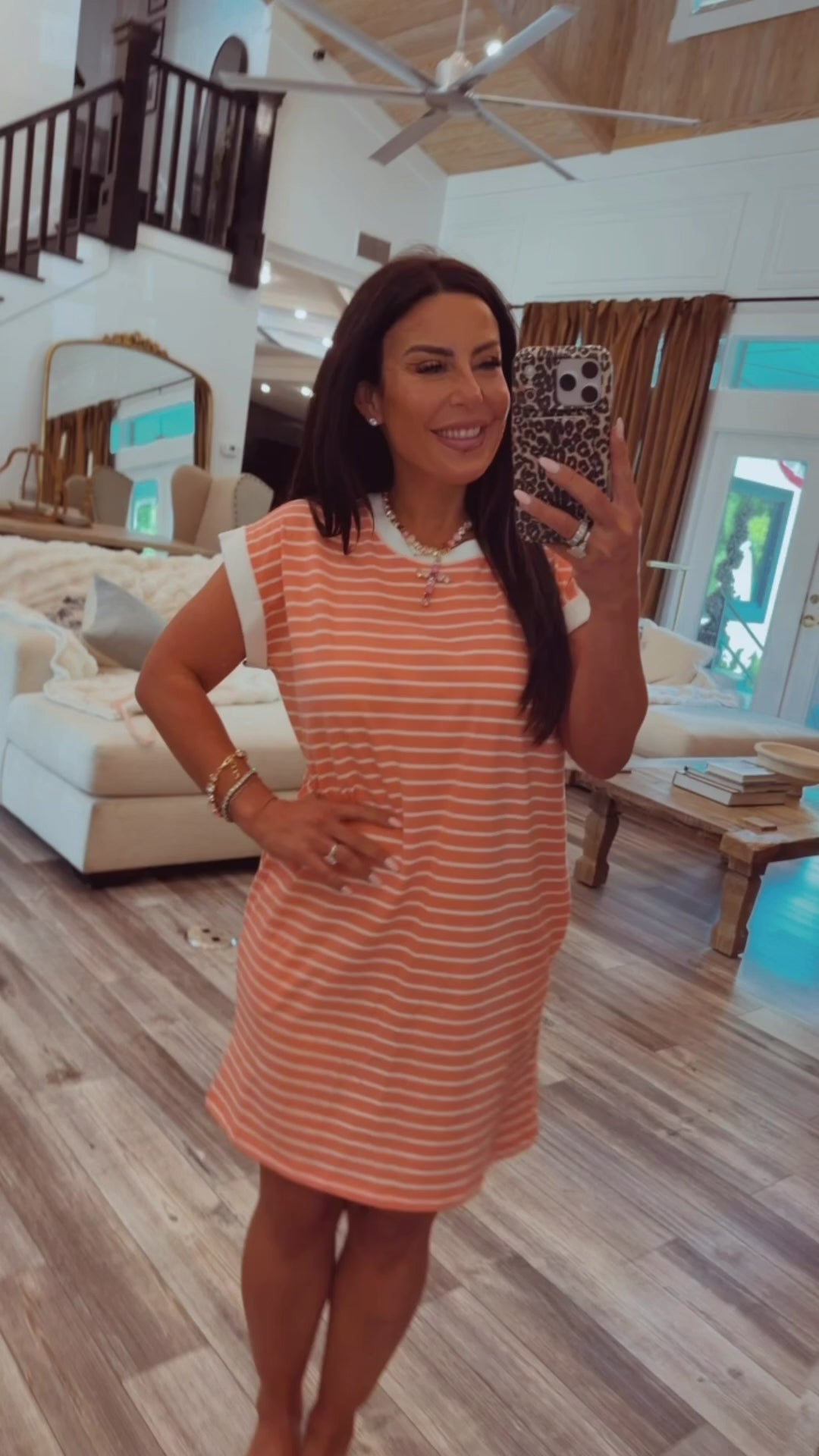 Coral and White Striped T Shirt Dress