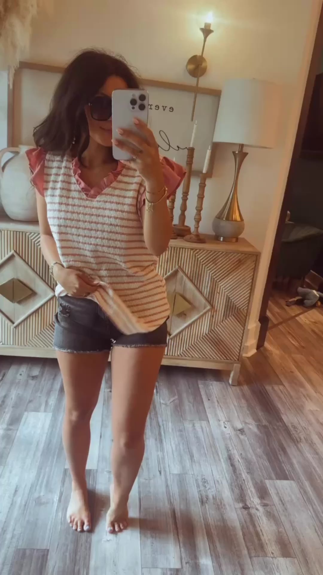 Pink and Cream Stripe Ruffle Sleeve Top