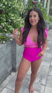 Hot Pink and Lace Ruffle Sleeve One Piece Bathing Suit