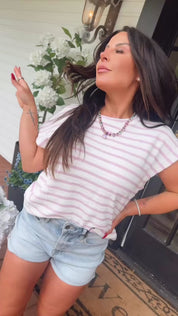 Soft Knit White With Pink Stripe Cap Sleeve Top