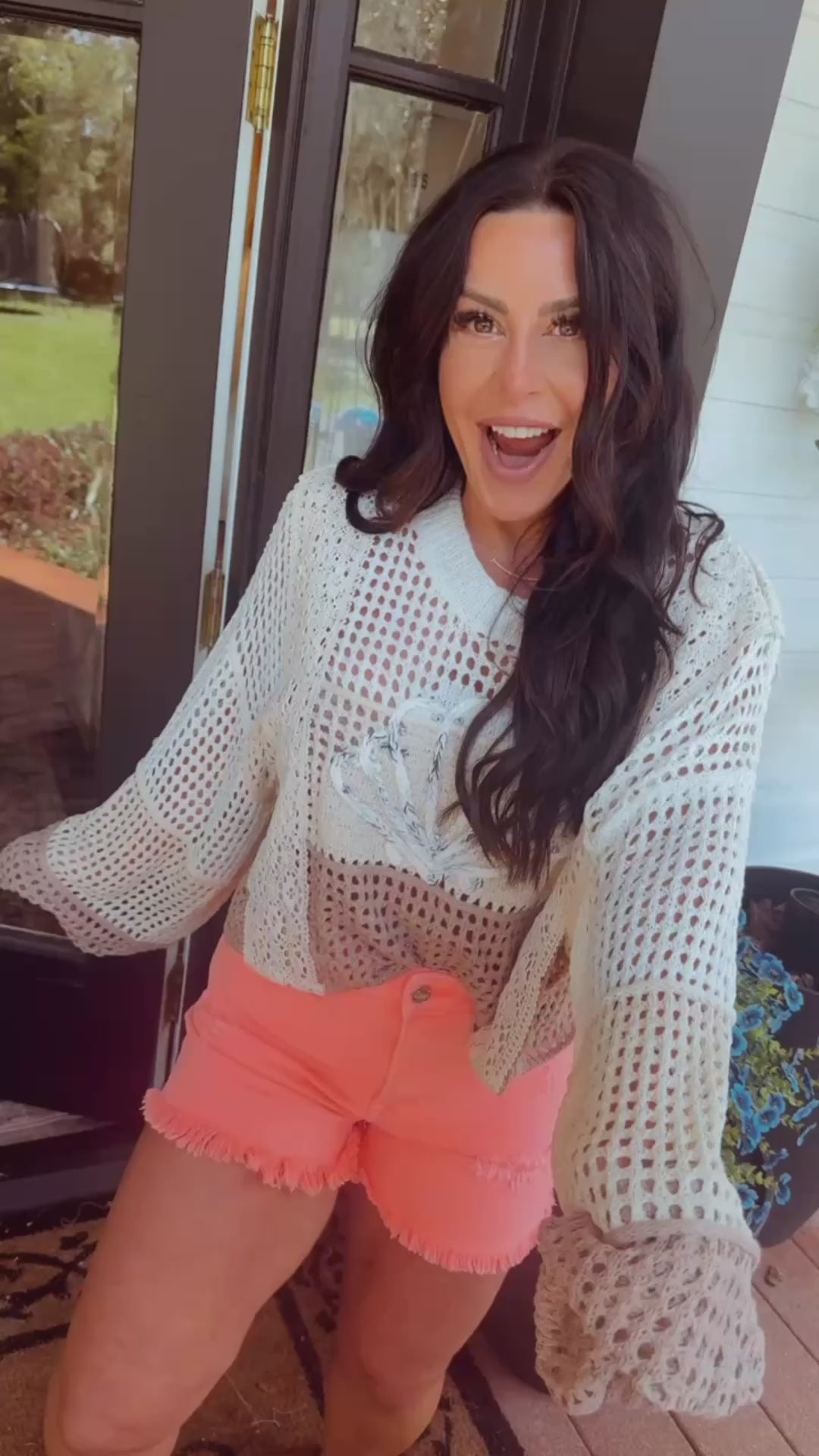 Pol Cream and Beige Crochet Knit Cropped Sweater Top
