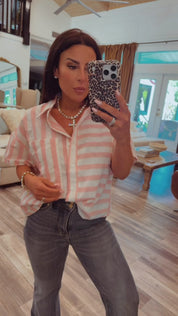 Pink and White Striped Button Up Top