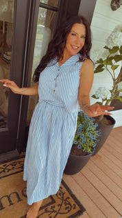 Chic Blue and White Stripe e Vest and Midi Skirt Set