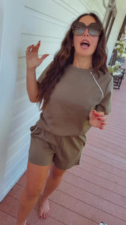 Olive and White  Stripe Shorts and Top Set