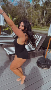 Black Tummy Control Ruched Black One Piece Bathing Suit