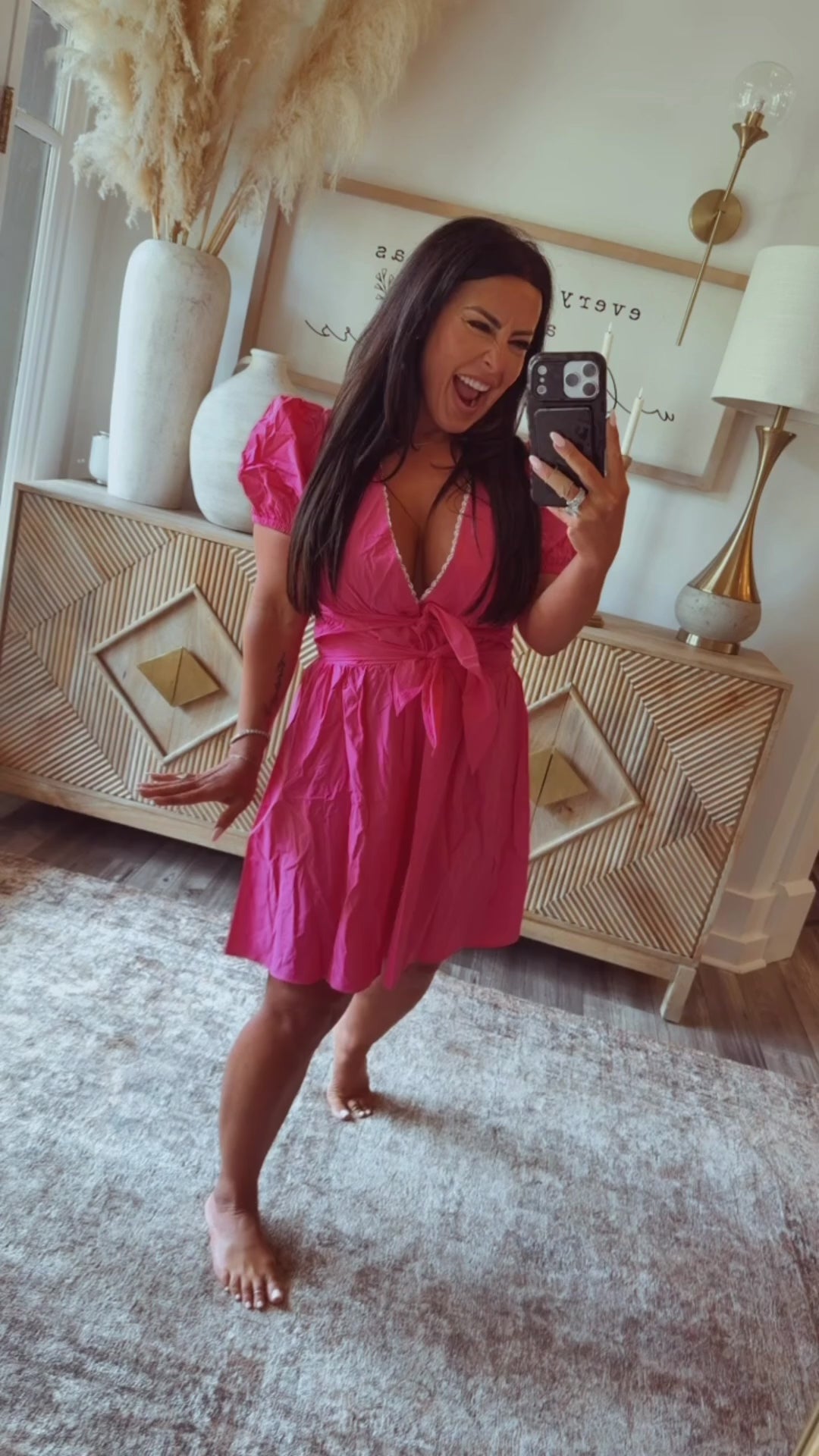 Pink Puff Sleeve Tie Back  Dress