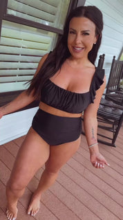 Sassy Black High Waist Ruffle Two Piece Bathing Suit