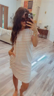 Cream and Pink Chic Loose Fit Striped Dress