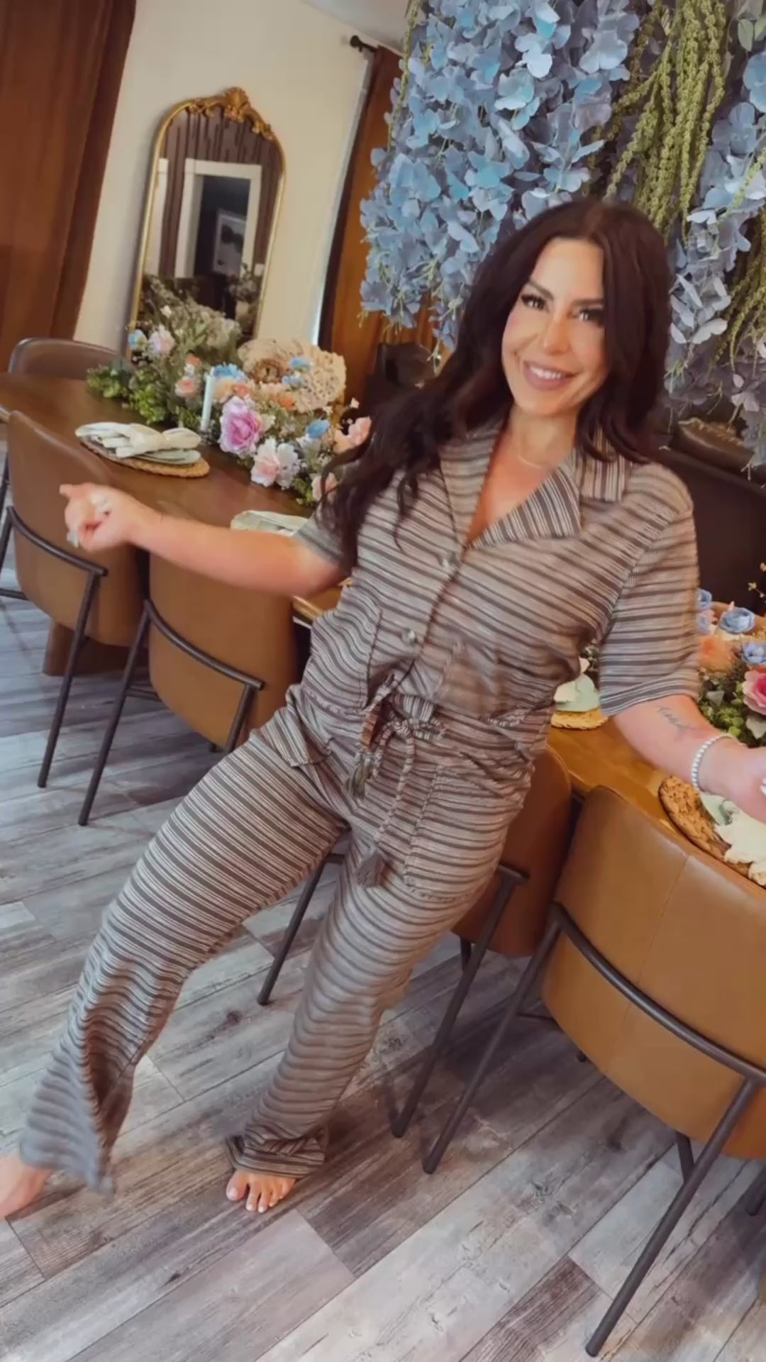 The Greii Brown Striped Collared Button Up Top