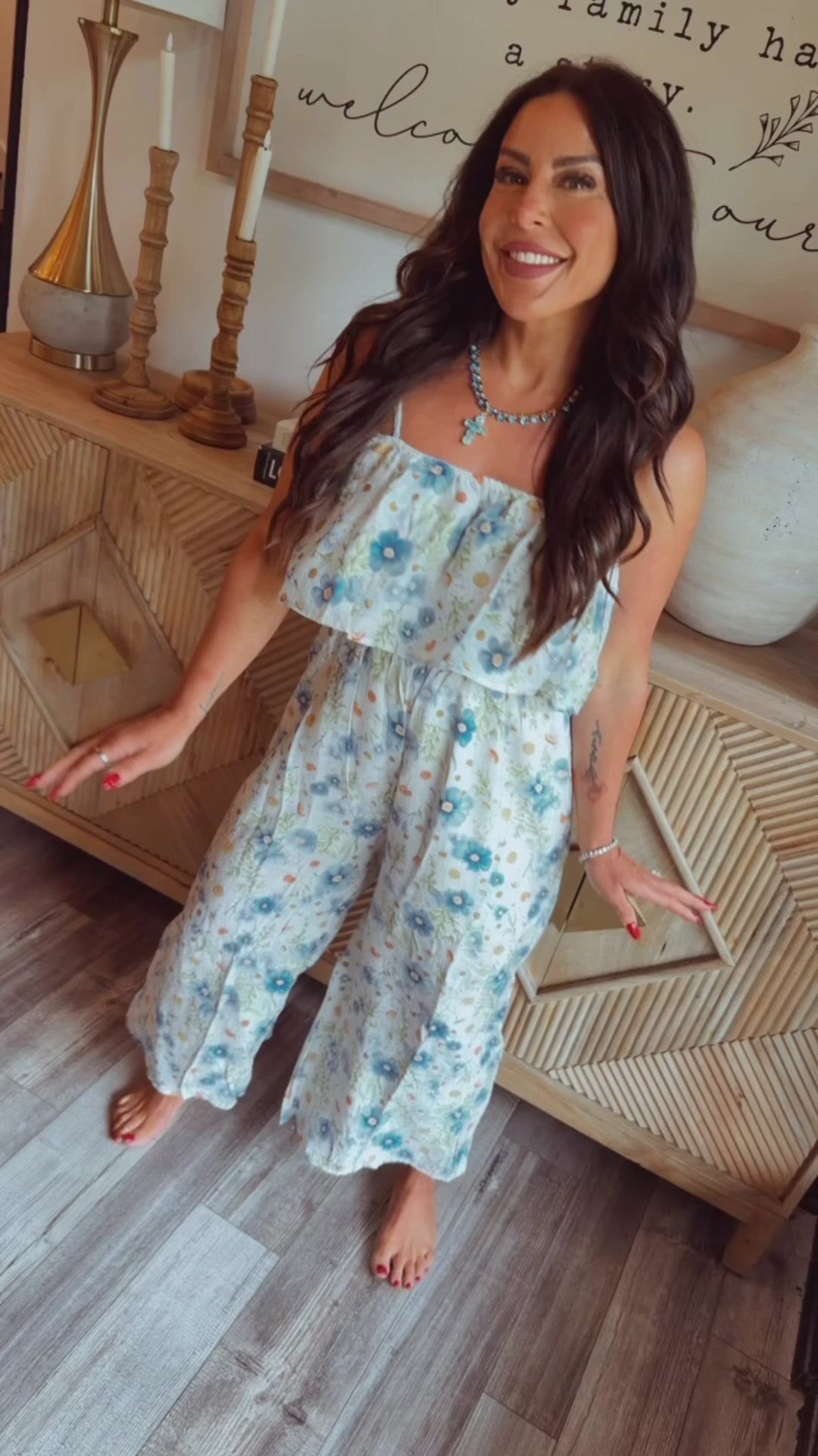 White and Blue Floral Jumpsuit