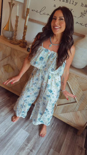 White and Blue Floral Jumpsuit