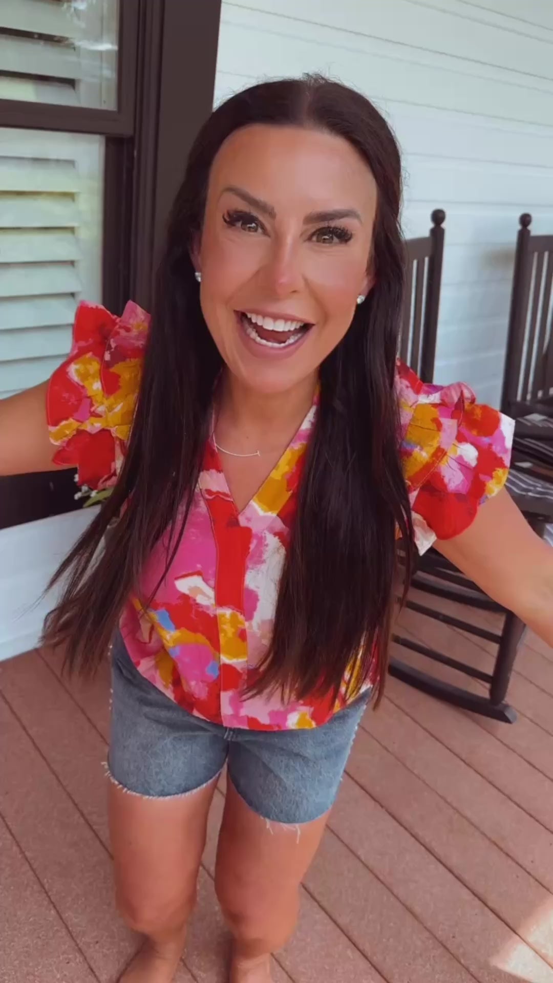 Red and Pink Watercolor Floral Ruffle Sleeve Top