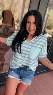 Ultra Soft White and Mint Vneck Striped Top