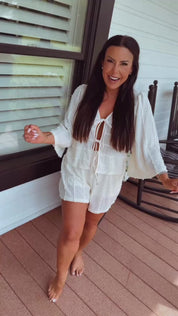 The Greii Ivory Textured Two Piece Set Shorts and Tie Top