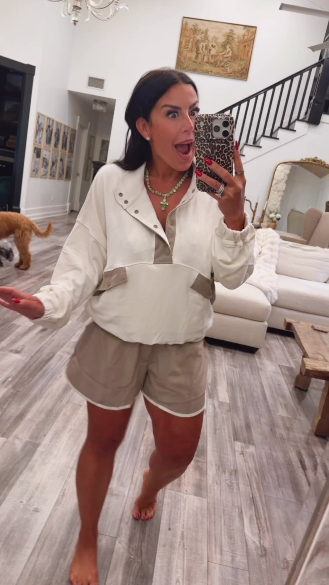 Cream and Brown Jacket and Athletic Shorts Set Rae Mode