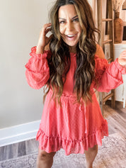 Long Sleeve Off Shoulder Coral Swiss Dot Dress