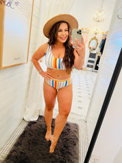 Multi Color White Blue and Orange Stripe 2 Piece Bathing Suit