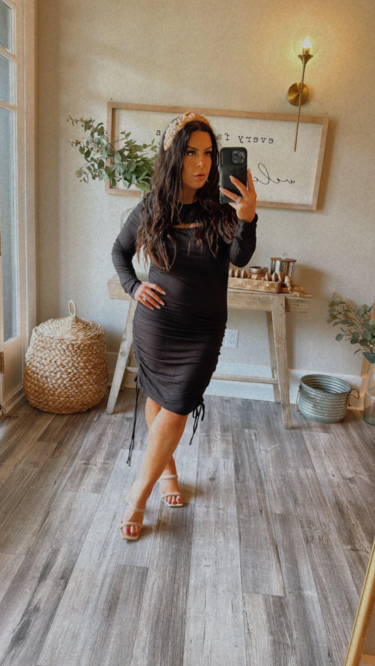 Sassy Black Ruched Button Keyhole Dress