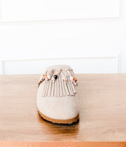 Sadie Western Fringe Beaded Flat Mules in Cream