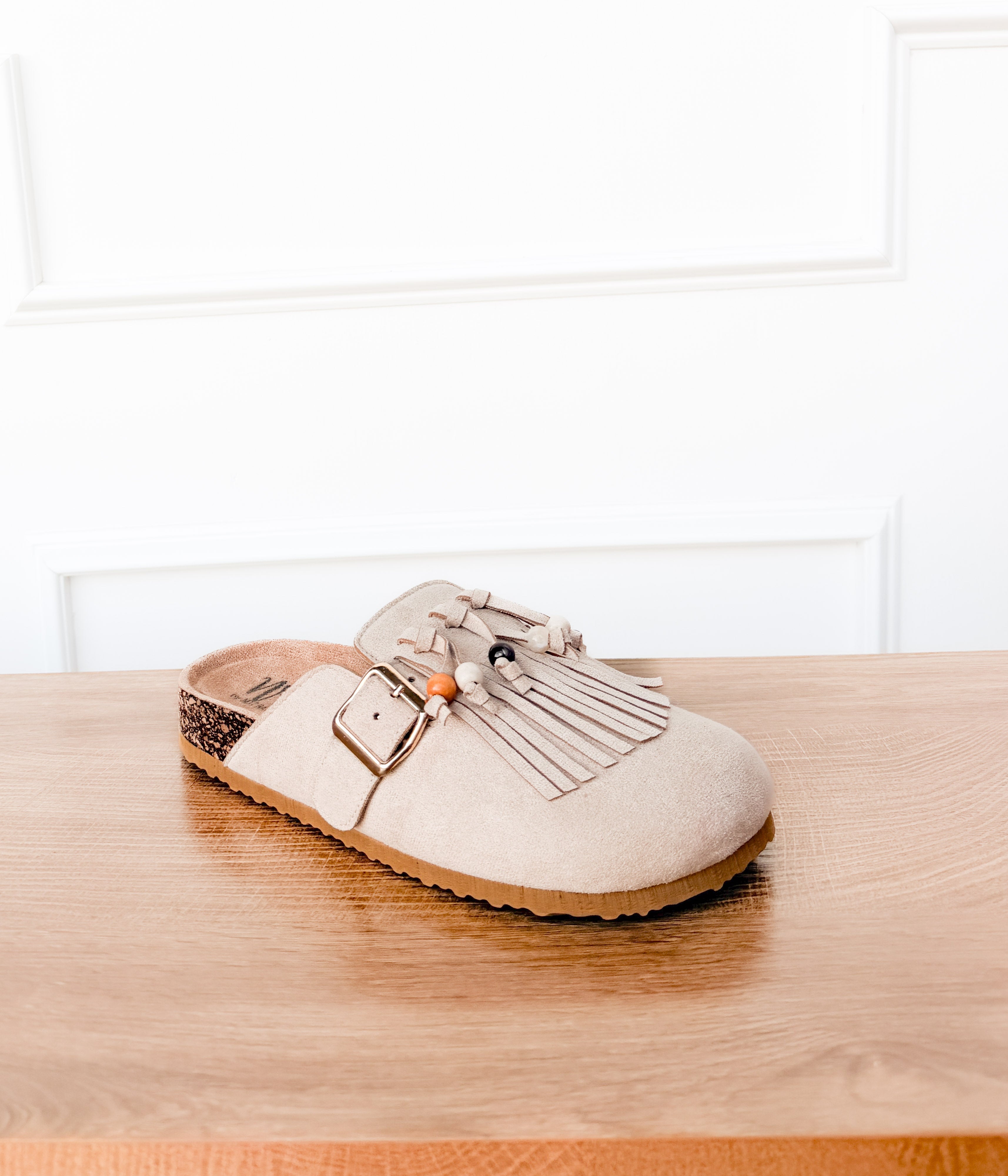Sadie Western Fringe Beaded Flat Mules in Cream