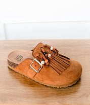 Sadie Western Fringe Beaded Flat Mules in Tan