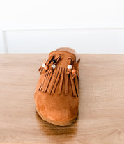 Sadie Western Fringe Beaded Flat Mules in Tan