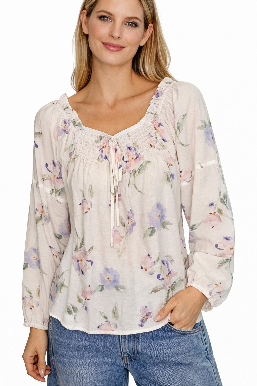 Stitch And Co White and Pasetl Floral Loose Fit Blouse