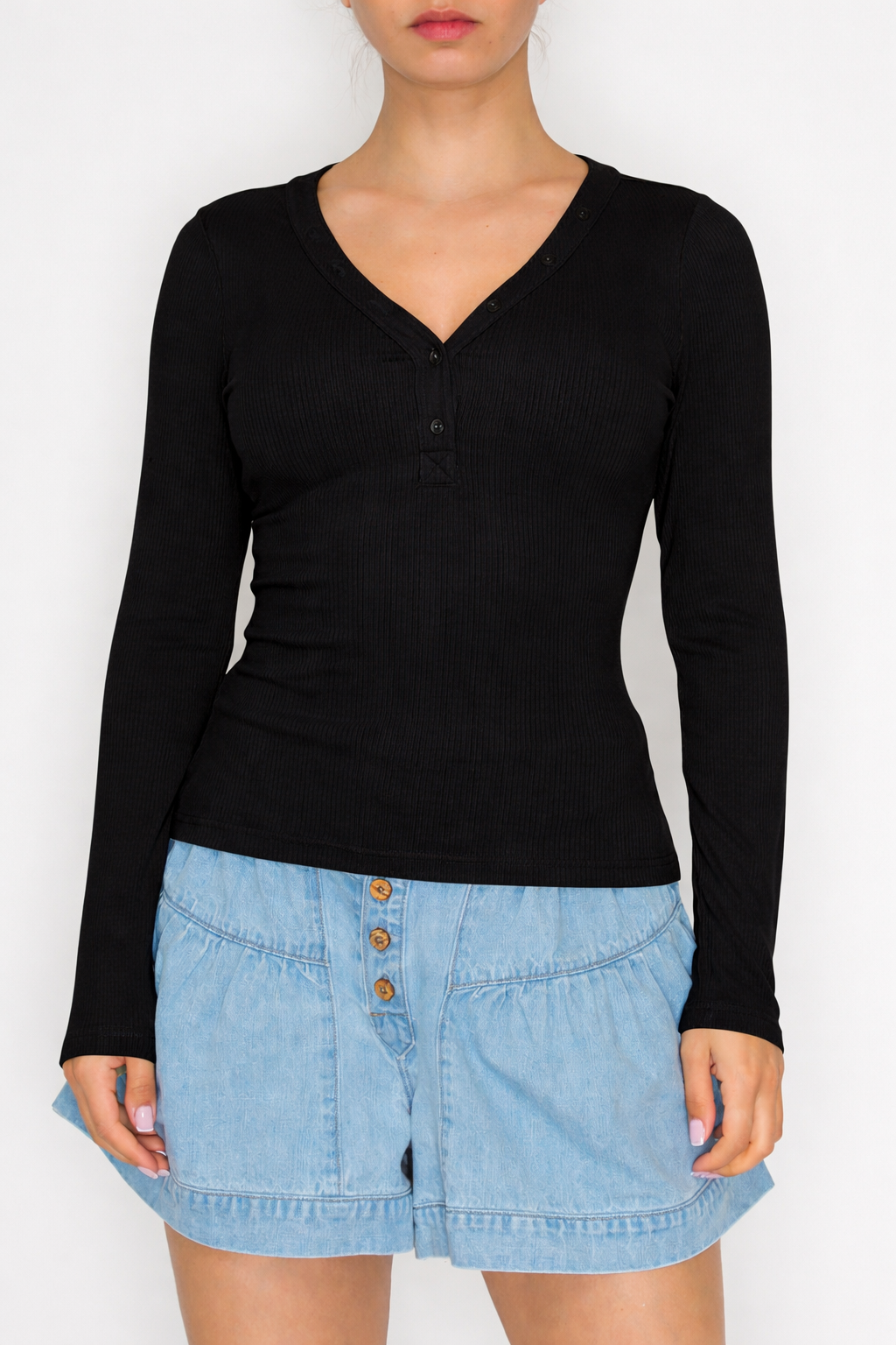 Black Henley Knit  Top  Stitch and Co 30a