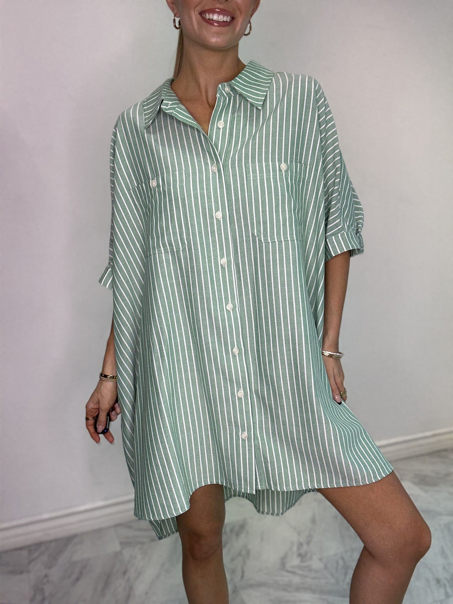 Green and White Striped Button Up Long Sleeve Top  Stitch and Co 30a