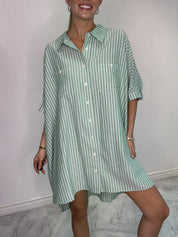 Green and White Striped Button Up Long Sleeve Top  Stitch and Co 30a