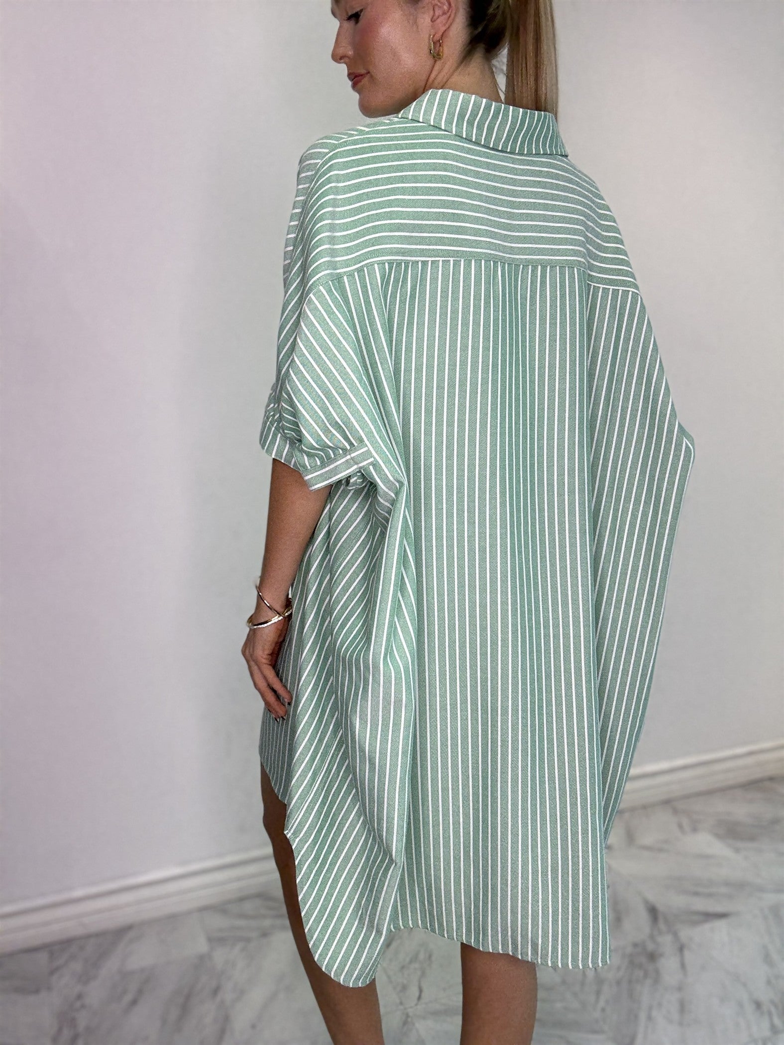 Green and White Striped Button Up Long Sleeve Top  Stitch and Co 30a