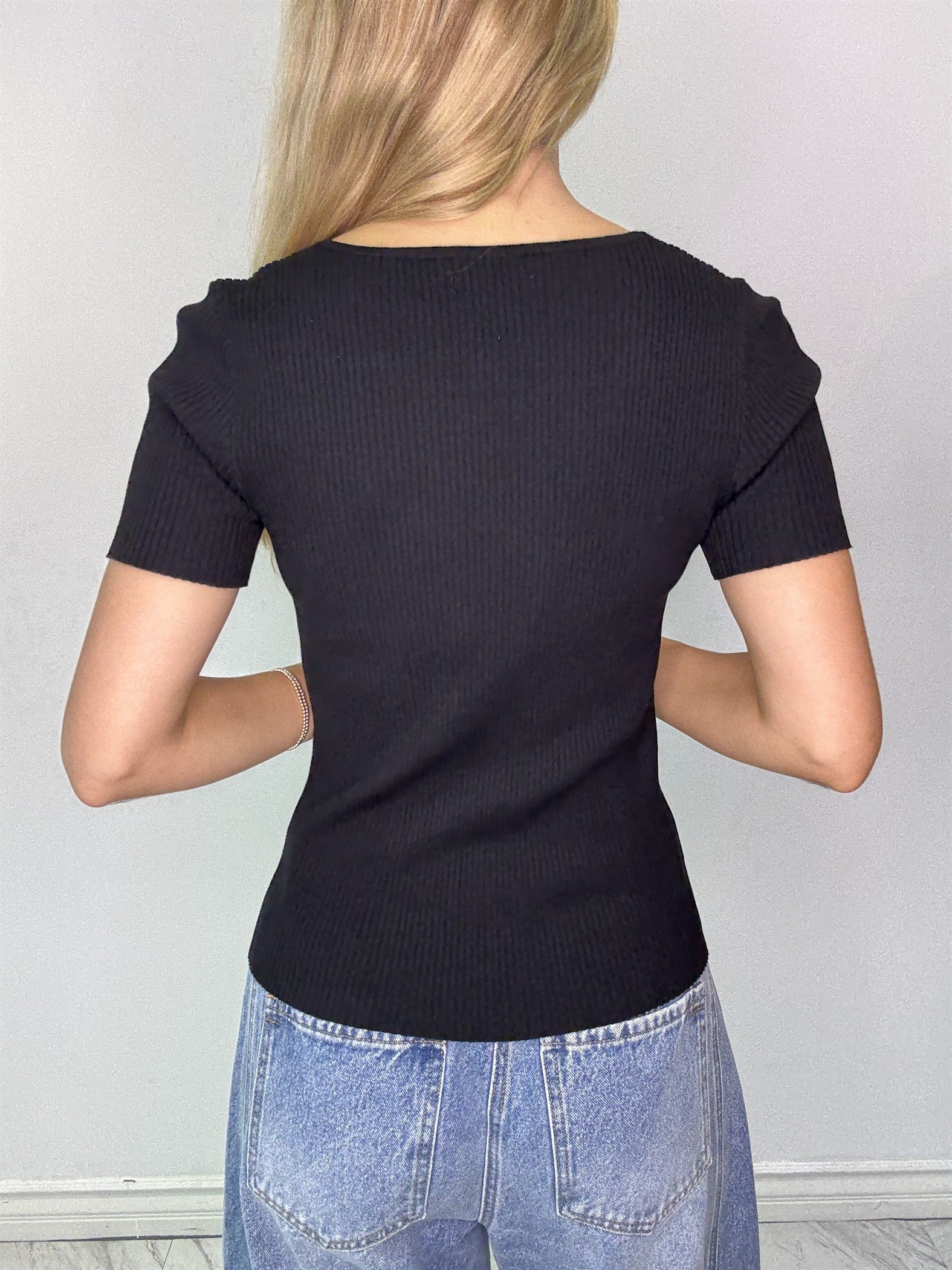 Chic Black Knit Short Sleeve Top  Stitch and Co 30a