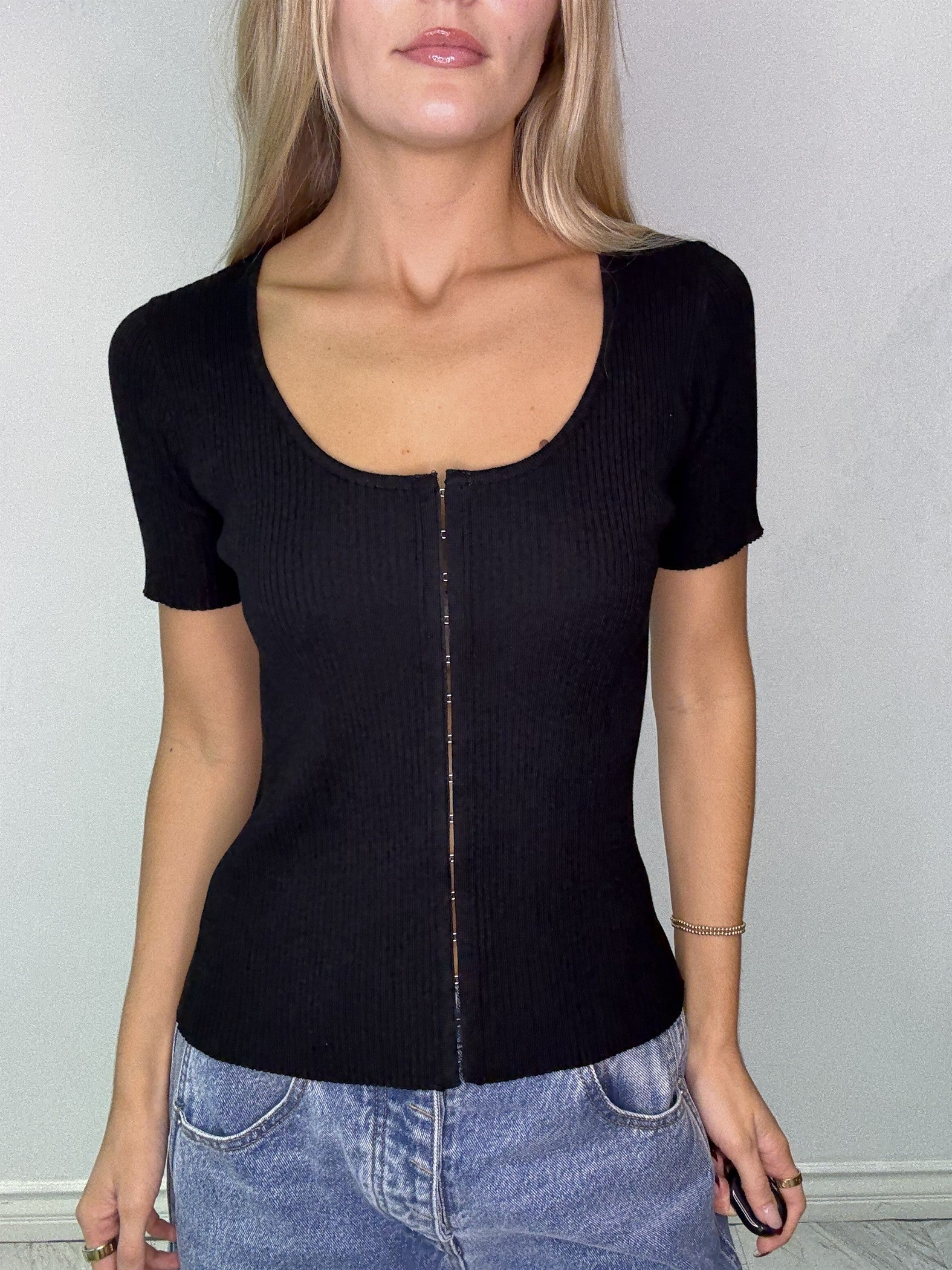 Chic Black Knit Short Sleeve Top  Stitch and Co 30a
