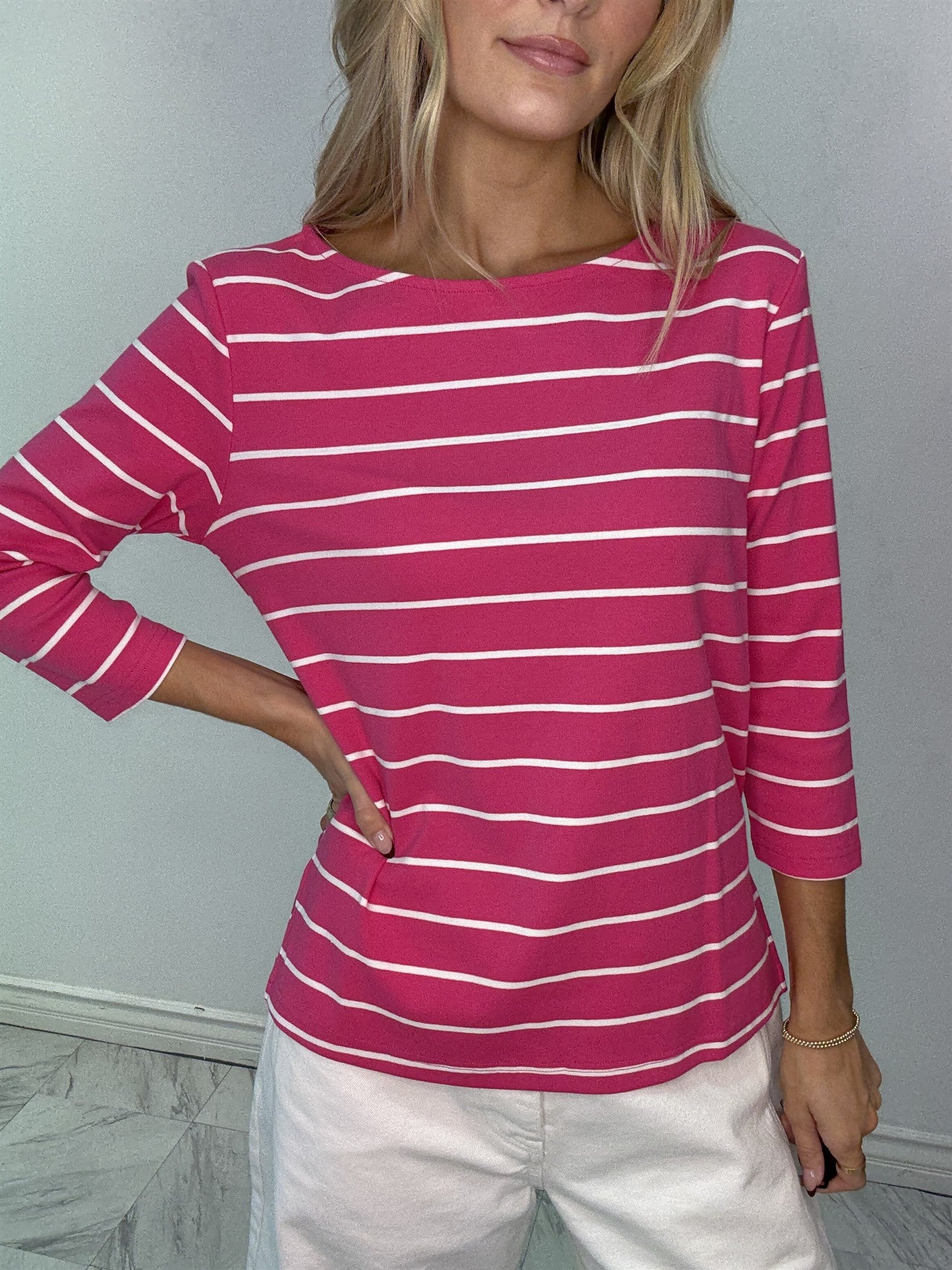 Fuchsia and White Stripe Boat Neck Top Stitch and Co 30A