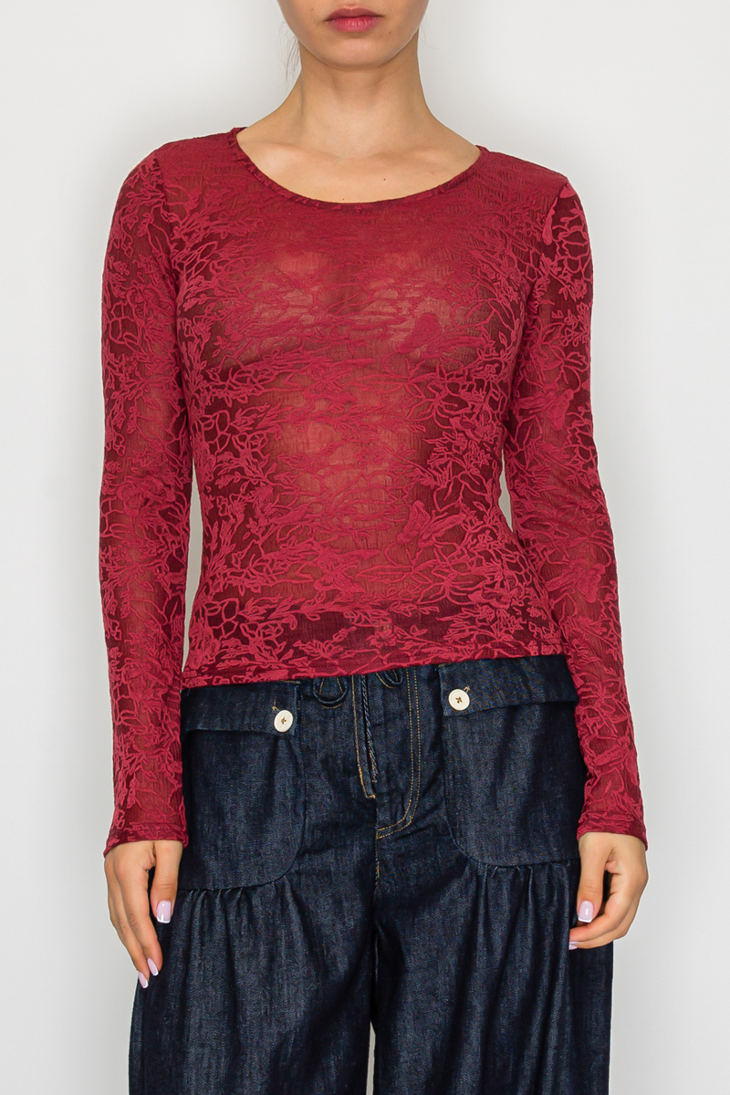 Stitch And Co Wine and Floral Stretch Long Sleeve Sheer Top