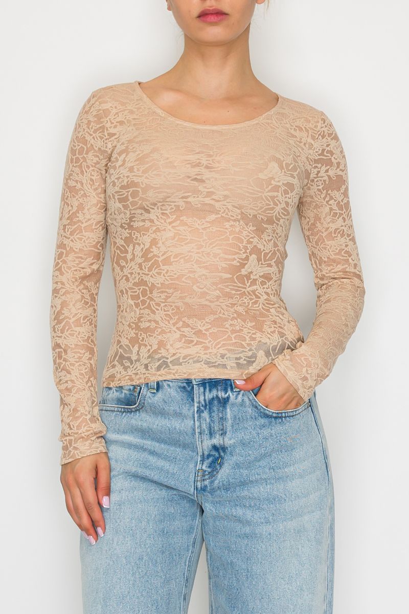 Stitch And Co Taupe and Floral Stretch Long Sleeve Sheer Top